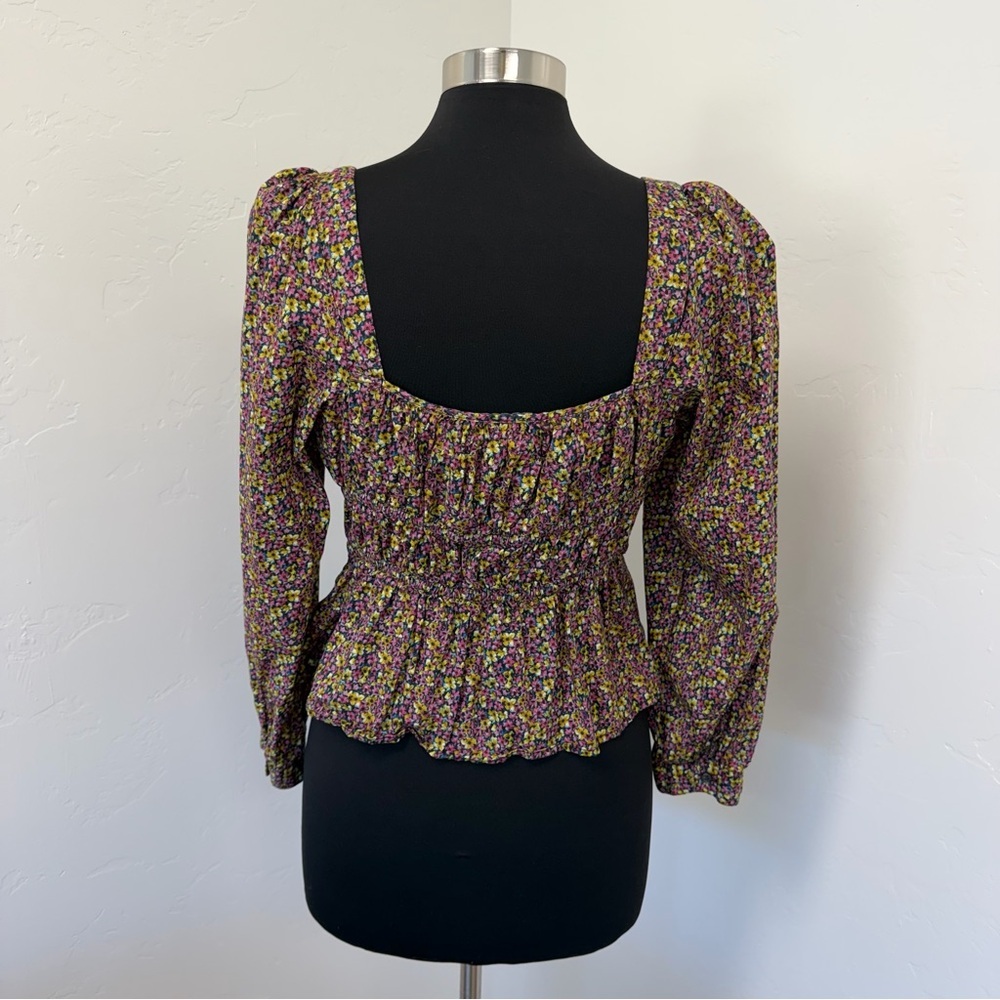 J. Crew Liberty Busy Izzy print Cinched-waist Smocked Square-Neck Blouse Size 14 - Picture 9 of 13